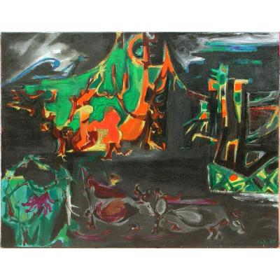Philippe Artias "scène Paysanne" 1955 Oil On Canvas 60x73